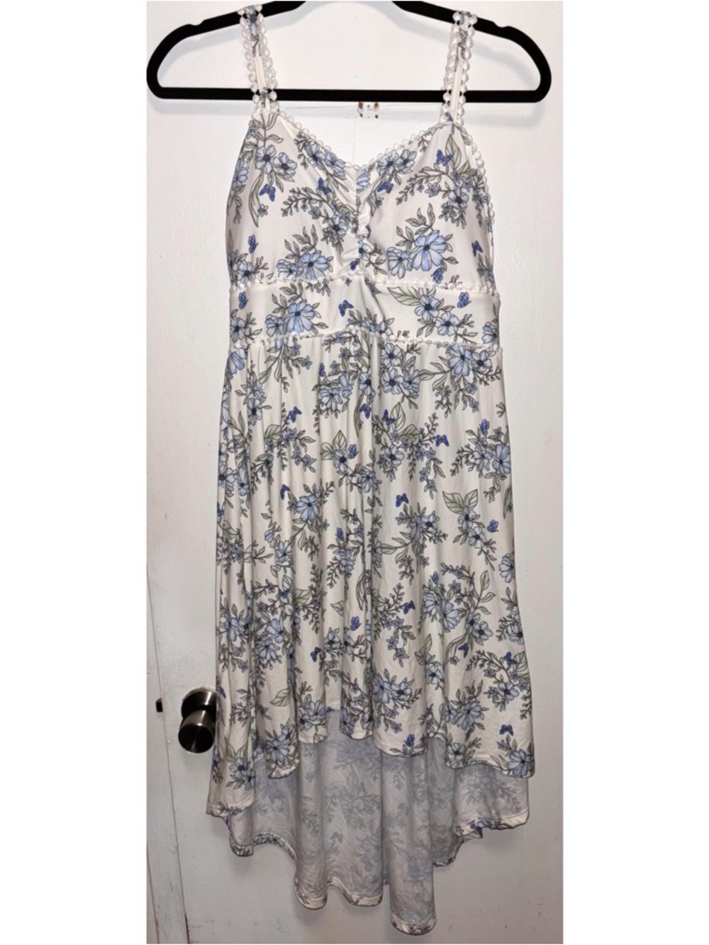 White High Low Dress with Blue Floral Print